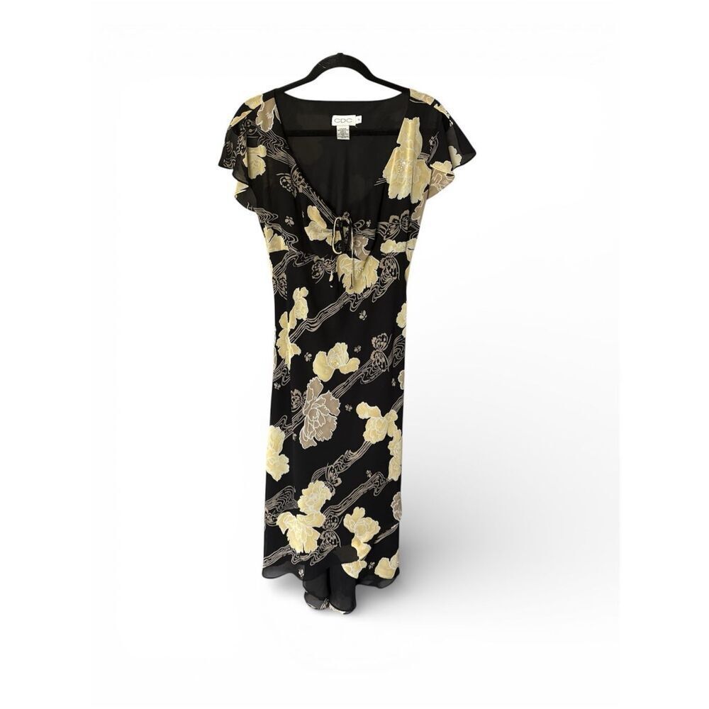 VTG CDC Black Satin Midi Floral Sequin Flutter Sleeve Whimsygoth